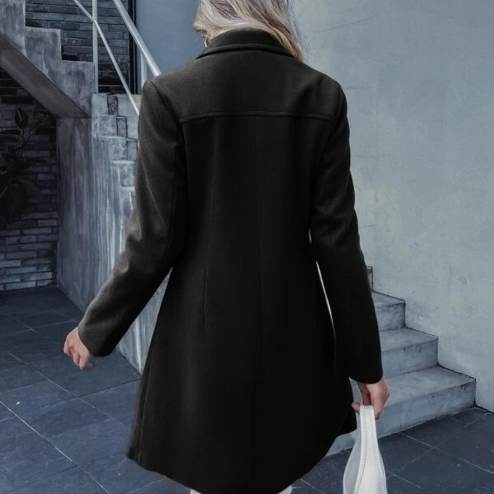 Double Breasted Lapel Collar Button Up pocketed Overcoat Black - Picture 4 of 9